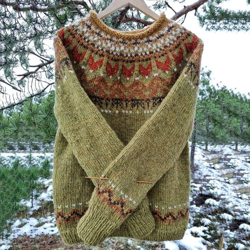 Vintage Icelandic Knit Jacquard Warmth Crew Neck Sweater（Unisex） elevenforest