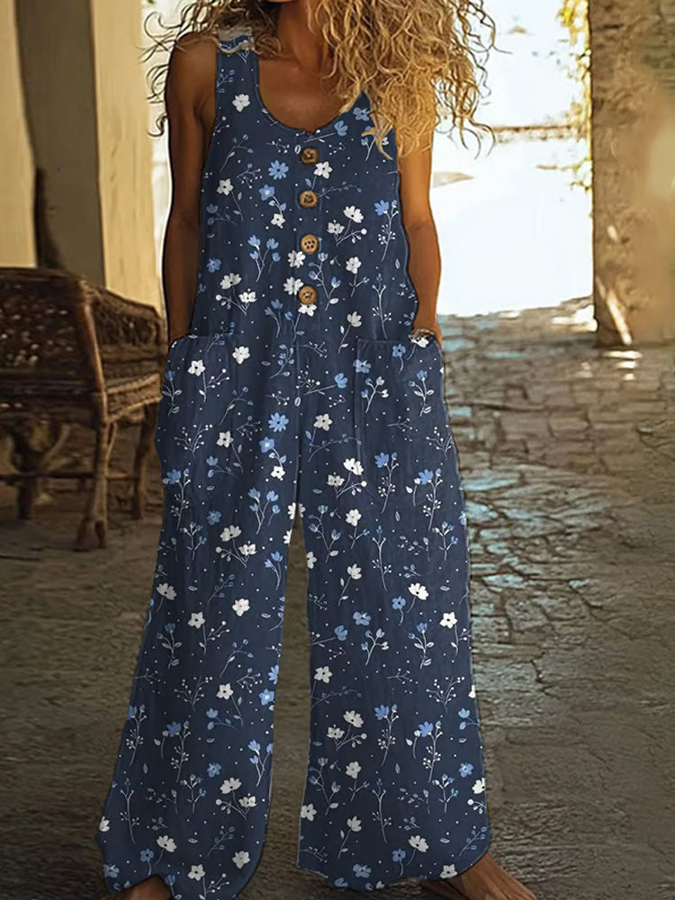 Women's Vintage Check Floral Print Button Casual Jumpsuit artswardrobe