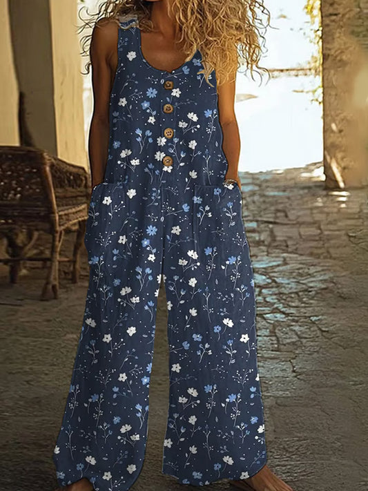 Women's Vintage Check Floral Print Button Casual Jumpsuit artswardrobe