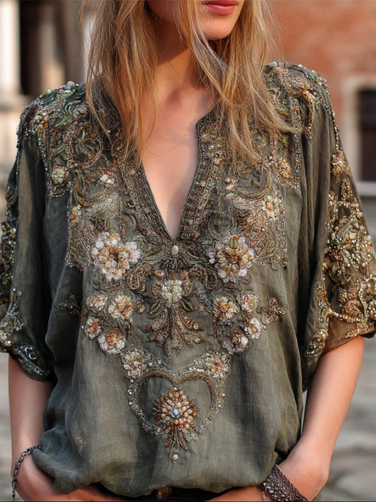 Comstylish Bohemian Style Sequin Flower Embroidery Vintage Cotton And Linen Forgotten Green V-neck Short-sleeved Shirt