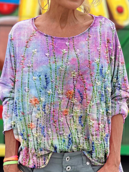 Women's Vintage Floral Art Print Casual Long Sleeve T-shirt