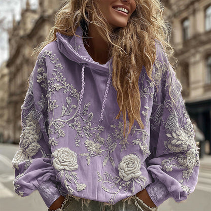 Comstylish Women's Classic Romantic White Rose Embroidery Art Comfy Hoodie