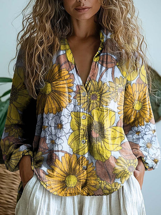 Women's Elegant Floral Print Casual Long Sleeve Comfortable Cotton Shi