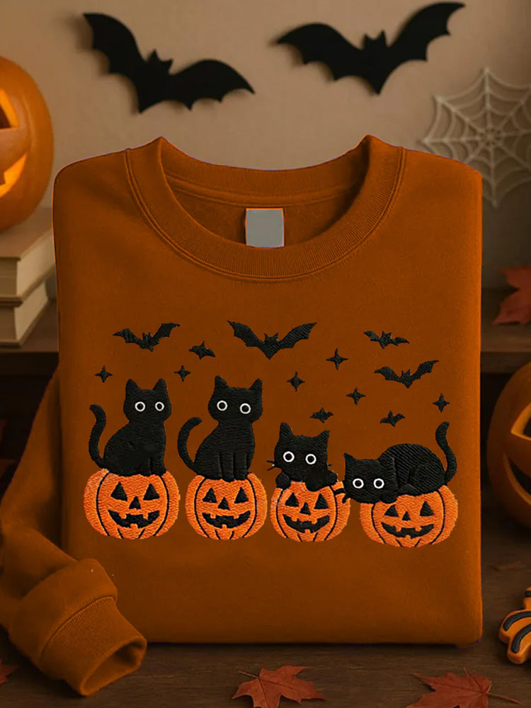 Comstylish Women's Round Neck Halloween Black Cat Pumpkin Embroidery Loose Long Sleeve Sweatshirt