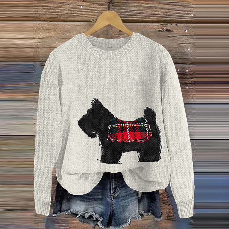 Comstylish Vintage Scottie Dog Embroidery Art Cozy Sweater
