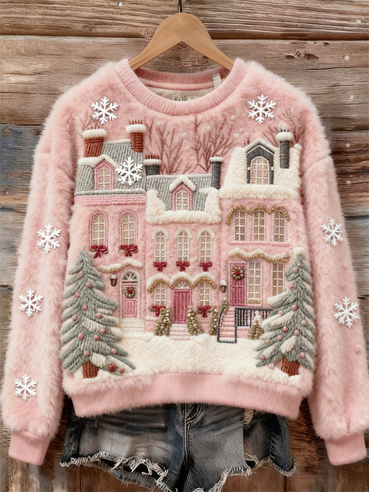 Pink Christmas Snowy Street Cozy Plush Sweatshirt
