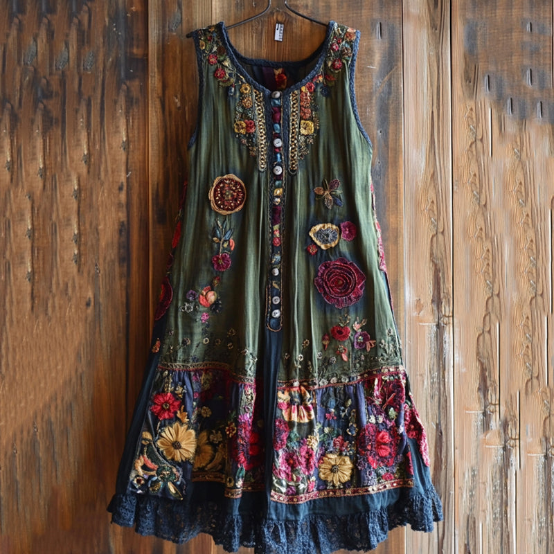 Vintage Floral Lace Patchwork Art Comfy Sleeveless Dress artswardrobe
