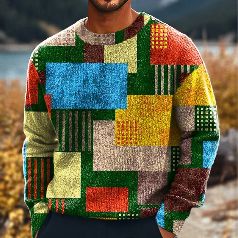 Vintage Color Block Art Print Knit Crewneck Sweater elevenforest
