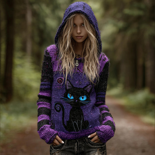 Women's Halloween Little Black Cat Pattern Dirty Color Vintage Hooded Sweater artswardrobe
