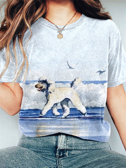 Comstylish White Poodle Watercolor Art Print Casual Cotton T-Shirt