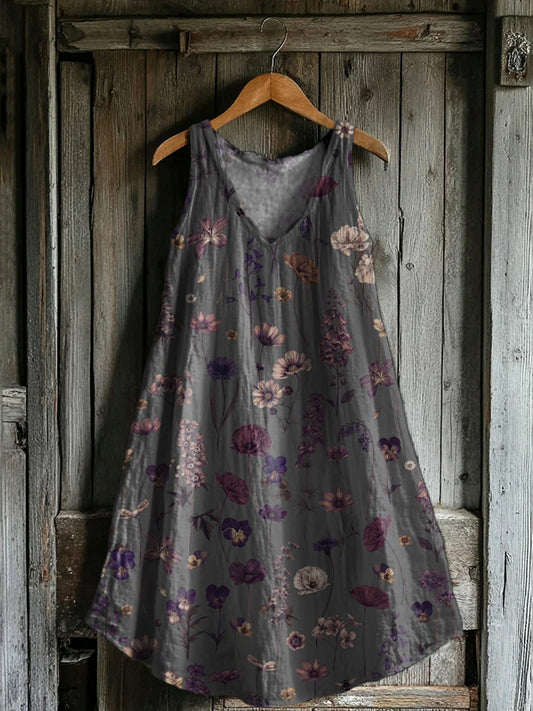 Women's Vintage Ethnic Flower Art Print V-neck Pocket Cotton Dress