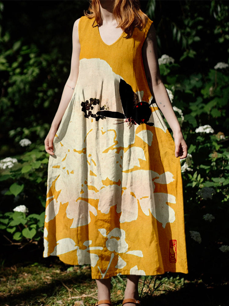 Vintage Japanese Art Pattern Comfy Linen Dress artswardrobe