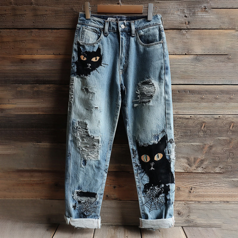 Comstylish Women's Halloween Black Cats And Spiderwebs Vintage Embroidery Washed Jeans