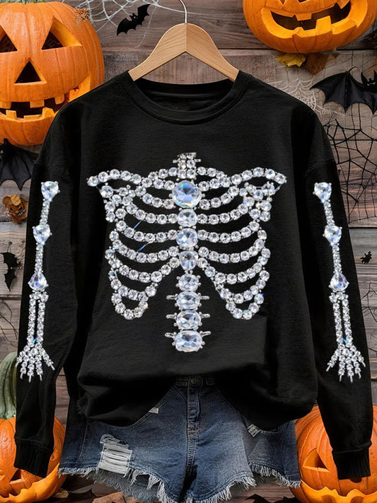 Comstylish Women's Halloween Rhinestone Skull Print Long Sleeve Crew Neck Sweatshirt-1