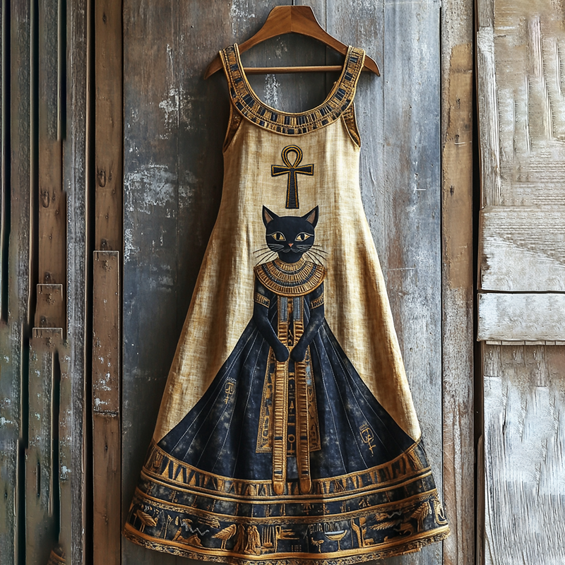 Comstylish Vintage Ancient Egyptian Bastet Art Black Cat Graphics Linen Sleeveless Mini Dress