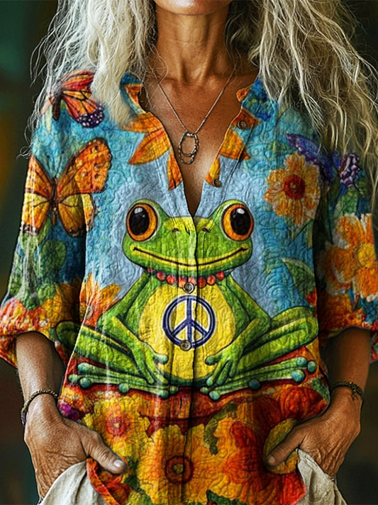 Women's Hippie Cute Frog Art Pattern Print Casual Cotton Linen Shirt