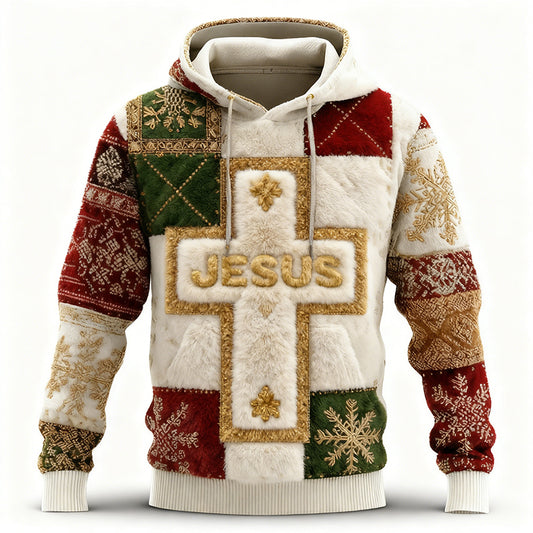 Comstylish Men's Christmas Faith Jacquard Plush Warm Hoodie