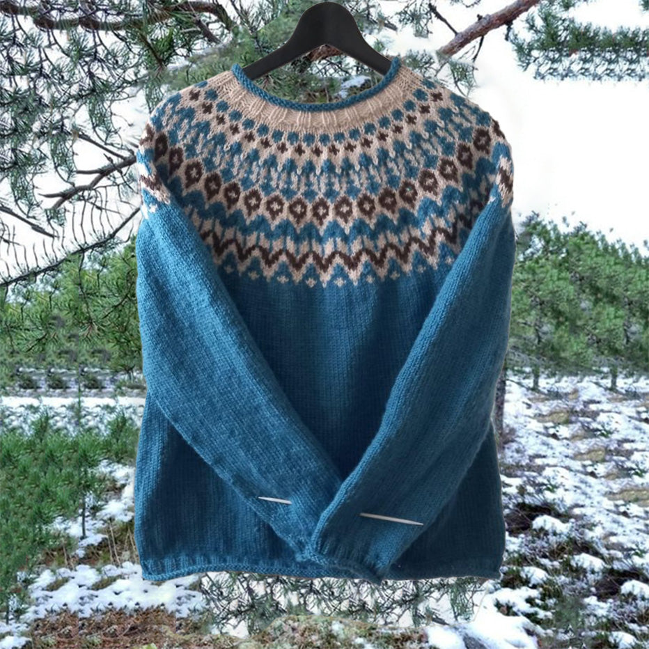 Vintage Blue Icelandic Knit Jacquard Warmth Crew Neck Sweater Unisex elevenforest