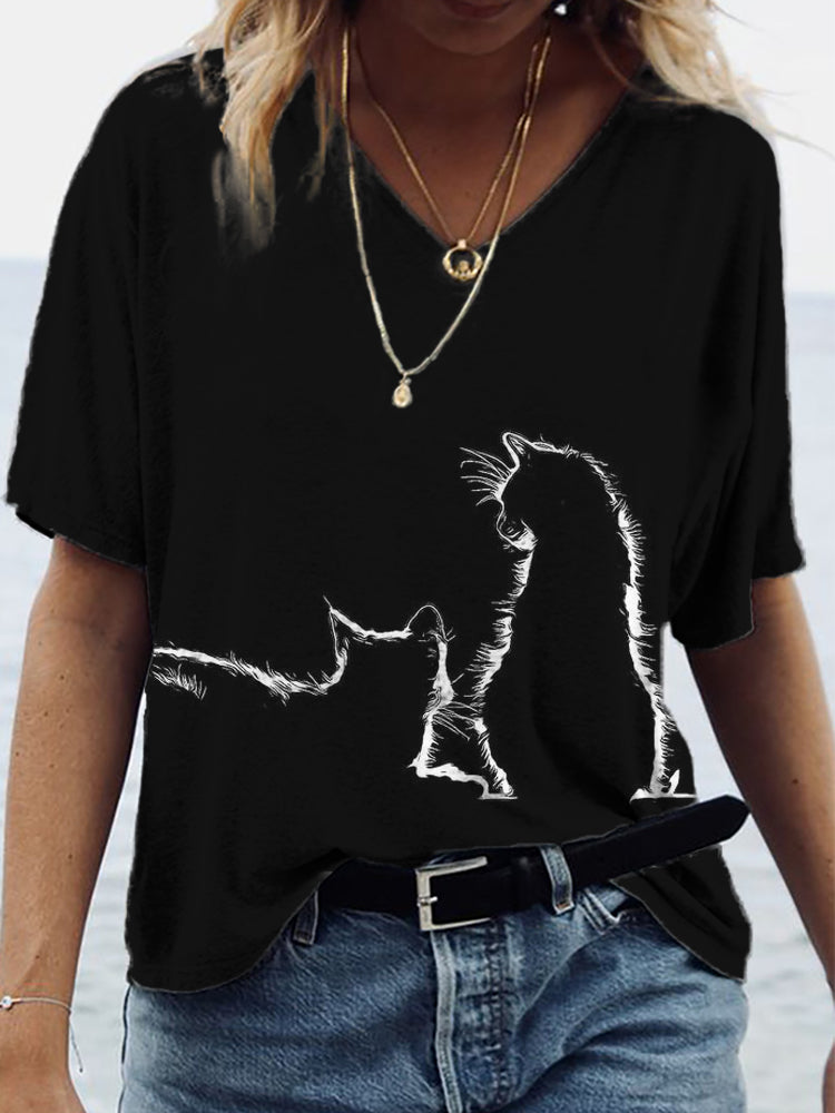 Lovely Cats Silhouette Short Sleeve Casual T-Shirt elevenforest