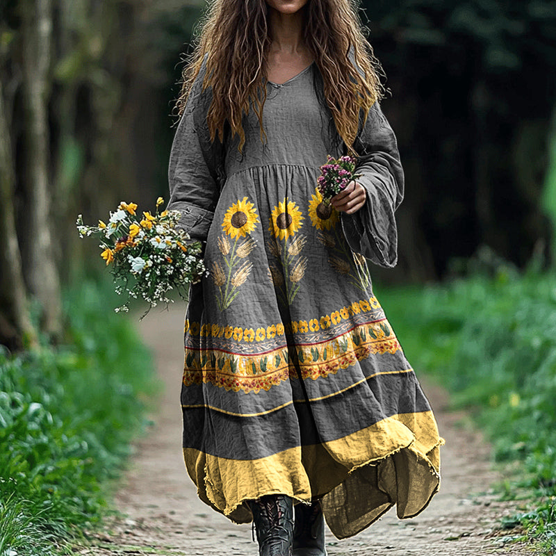 Boho Vintage Ukrainian Sunflower Art Inspired Linen Blend Maxi Dress artswardrobe
