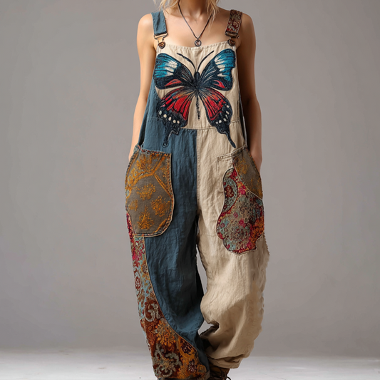 Comstylish Japanese Art Style Butterfly And Plant Flower Pattern Embroidery Women's Colorful Cotton And Linen Overalls
