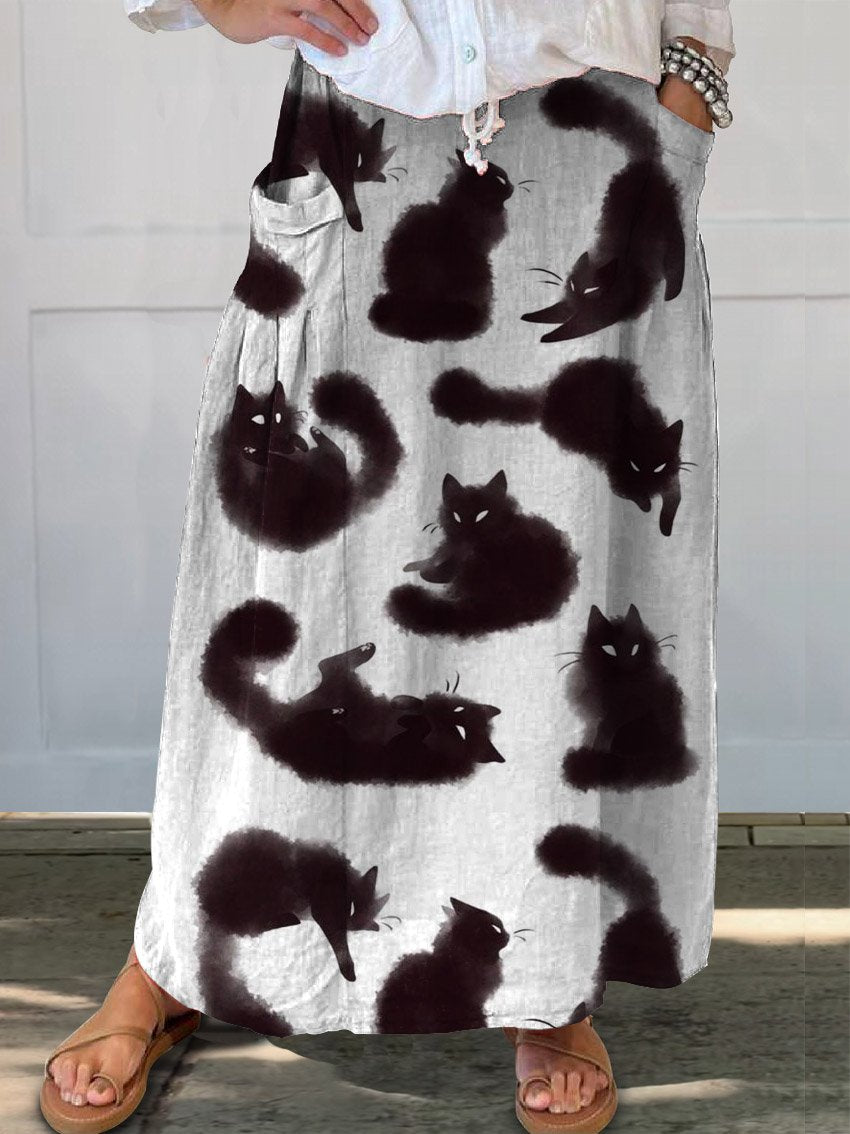 Women's Vintage Funny Cats Art Print Linen Pocket Skirt