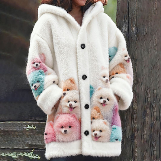Comstylish Cute Colorful Dog Pattern Comfortable Plush Button Hoodie