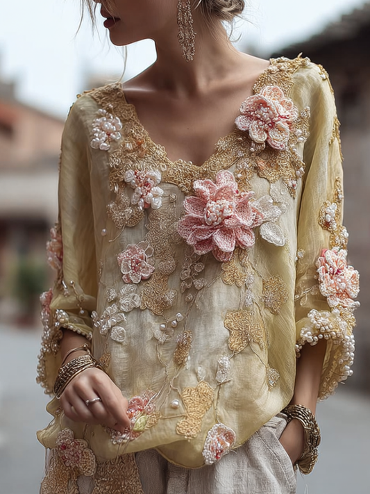 Comstylish Bohemian Style Plant And Flower Embroidery Women's Round Neck Long Sleeve Cotton And Linen Top