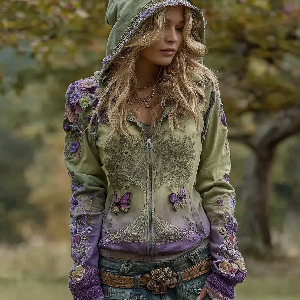Comstylish Women's Viking Tree Of Life Floral Print Washed Zip-up Hoodie