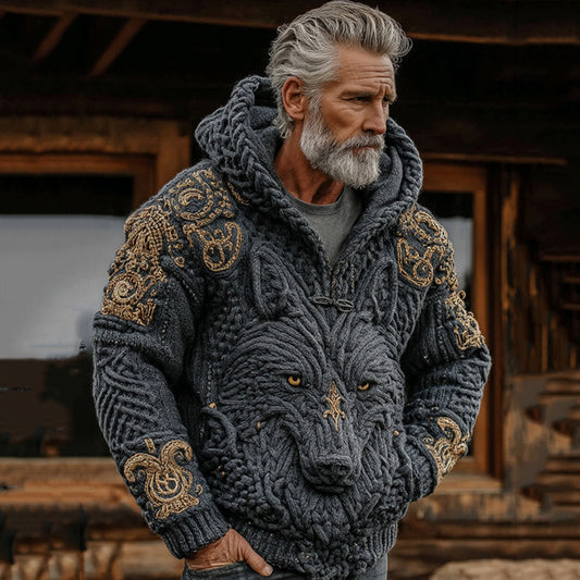 Men's Viking Geometry Celtic Wolf Pattern Art Cozy Hooded elevenforest