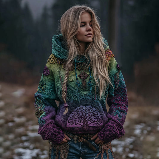 Women's Vintage Life Of Tree Gradient Art Knit Hooded Sweater elevenforest
