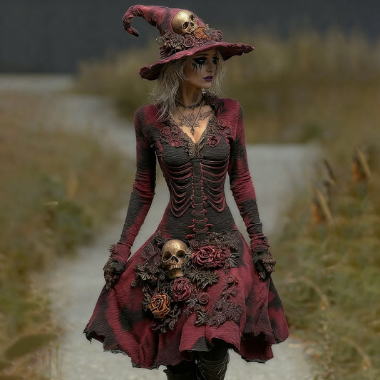 Comstylish Women's Skull And Floral Embroidery Ombre Witch Midi Dress