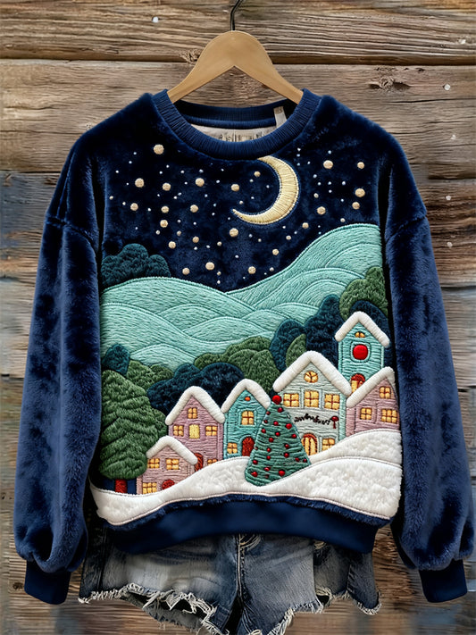 Christmas Snowy Silent Night Landscape Cozy Plush Sweatshirt