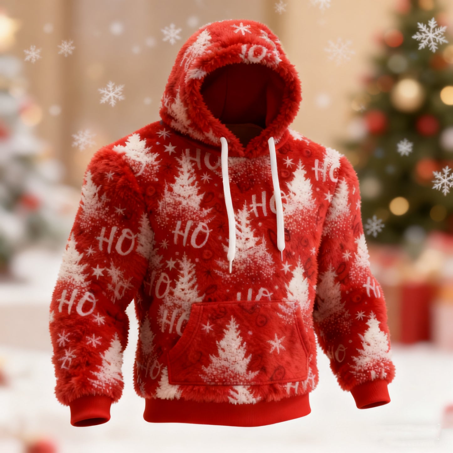 Comstylish Ho Ho Ho Christmas Tree Art Pattern Plush Warm Hoodie