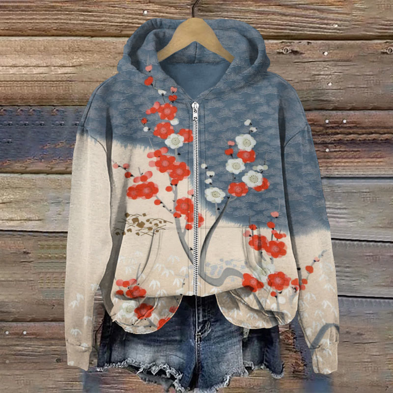 Comstylish Japanese Art Sakura Print Zip Hoodie