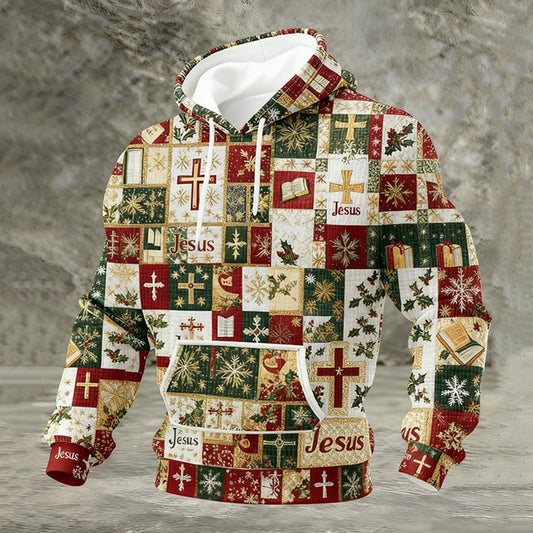 Comstylish Men's Christmas Faith Patchwork Print Casual Hoodie
