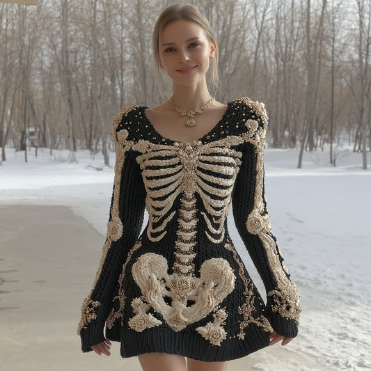 Women's Halloween Skeleton Anatomy Art Crew Neck Knit Maxi Dress artswardrobe