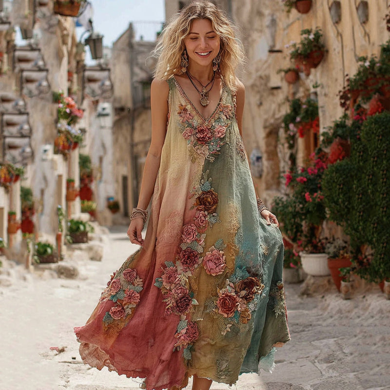 The Ice Cream Collection Women's Classic Bohemian Floral And Rose Gradient Art Linen V Neck Maxi Dress artswardrobe