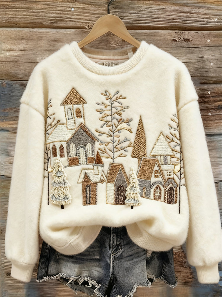 Christmas Snowy Church Scene Embroidered Cozy Plush Sweatshirt