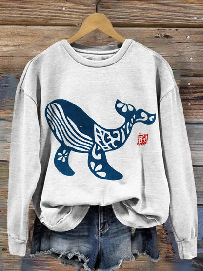 Comstylish Humpback Whale Japanese Lino Art Cozy Sweatshirt