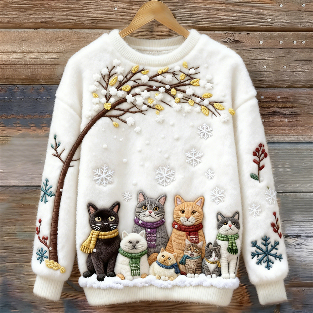 Christmas Cats Embroidery Women's Cozy Plush Sweater elevenforest
