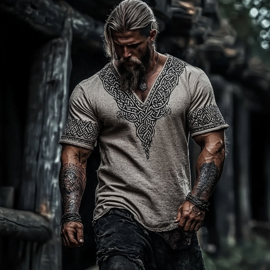 Men's Retro Viking Celtic Knot Art Linen T-shirt artswardrobe