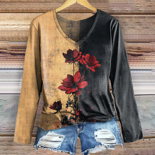 Women's Retro Rose Flower Art Print Casual V-neck Long Sleeve T-shirt