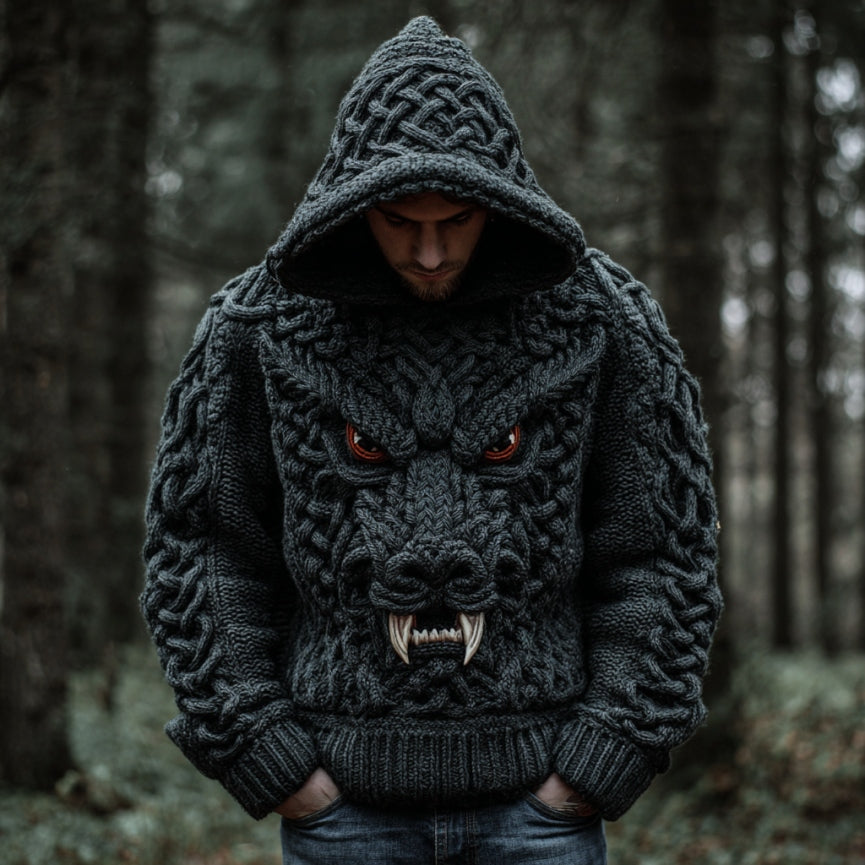 Men's Viking Dragon Style Celtic Jacquard Knitted Hooded Sweater artswardrobe