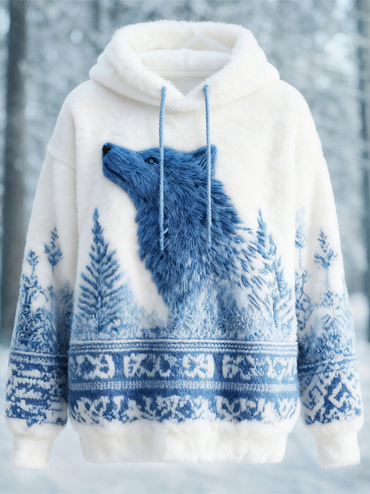 Comstylish Nordic Myth Ice Wolf Pattern Women's Hooded Flannel Sweater