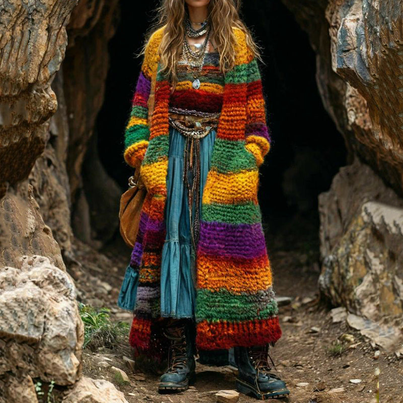 Women's Colorful Rainbow Patchwork Pattern Sweater Cardigan artswardrobe