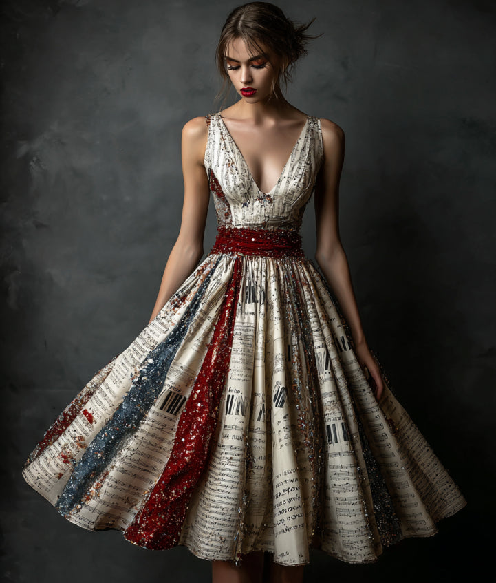 Vintage Sequin Music Notes And Flag Art Midi Dress artswardrobe