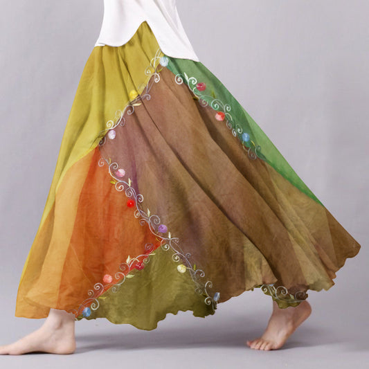 Women's Boho Flowers Art Color Block Linen Blend Skirt artswardrobe