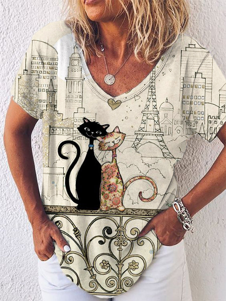 Lovely Cat Art Print V Neck Short Sleeve T Shirt elevenforest