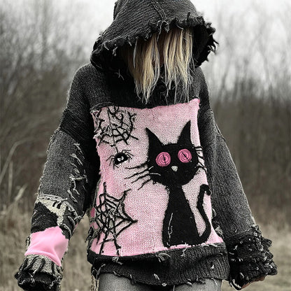 Halloween Scared Black Cat Patchwork Stitched Cozy Knit Hooded elevenforest